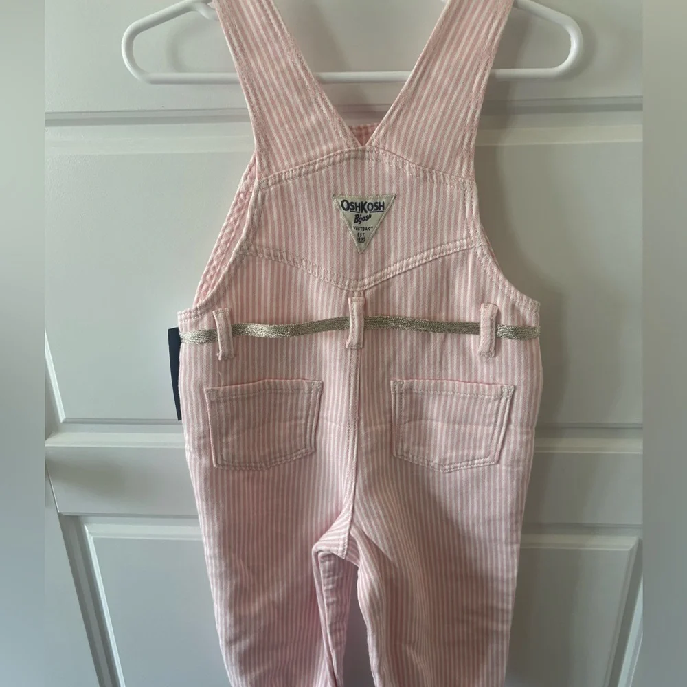 NWT OshKosh B'gosh Pink & White Striped Girls' Overalls with Gold Belt Size 18M